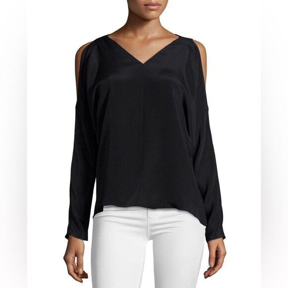 Ramy Brook Riley Cold-Shoulder V-Neck Silk Top in Black XS - Picture 10 of 11